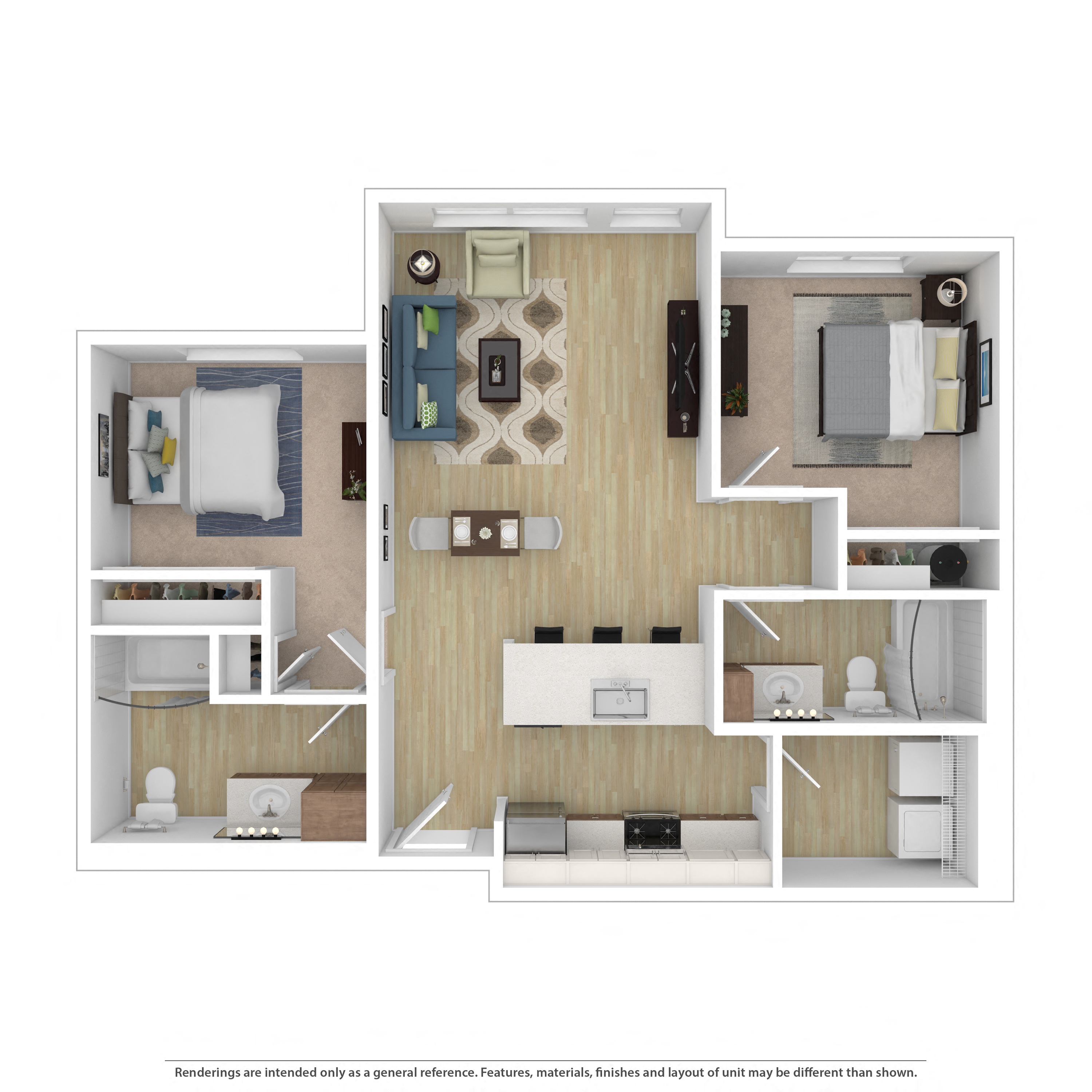 Floor plan for 2 beds, 2 baths, 1017 sqft